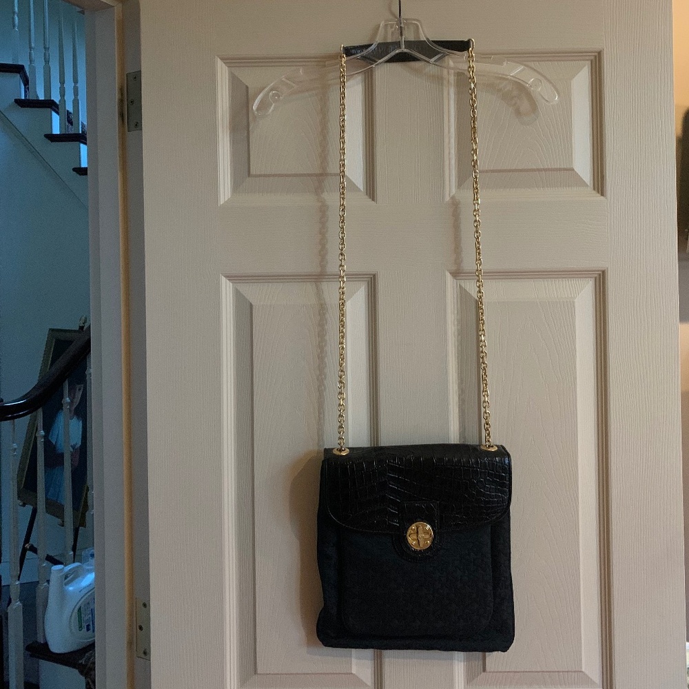 DKNY Black Croc Embossed Leather/Fabric Crossbody Handbag